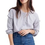Madewell  Navy Stripe Collarless Ruffle-Sleeve Shirt XL Photo 0