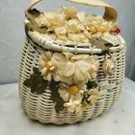 VTG Handmade Floral Wicker Nantucket Basket Purse White Ribbon Handle Photo 5