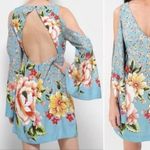 Farm Rio  Light Blue Floral Summer Mini Dress Split Long Sleeve Open Back Size P Photo 2