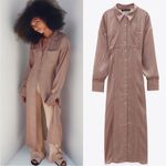 ZARA  Satin Effect Floral Print Button Front Shirt Dress Long Sleeve Duster Small Photo 1