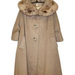 Joseph Magnin Vintage Wool Faux Fur Collar Button Coat Sz XL Tan Glamour 60’s Photo 0