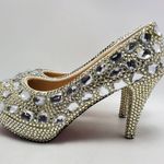 Cinderella Crystal Glass Rhinostones Beaded Wedding Heel Shoes Sz 42 Red Bottom Silver Photo 1