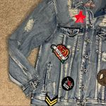 Signature 8 embellished denim jean jacket rose patch, bead peace rips and tears Blue Photo 2
