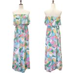 Japna  Strapless Flounce Top Summer Maxi Dress Retro Aqua & Pink Print Size Small Photo 16
