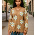 Just Polly New York Brown w/ Daisy Sweater SZ L Distressed V Photo 1