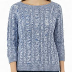 Lands' End ‎ Blue Marled Cable 3/4 Sleeve Boat Neck Pullover Cotton Sweater LARGE Photo 0