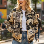 Vintage Fuda International Silk Animal Print Bomber Jacket Unique Lightweight L Tan Size L Photo 0