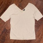 Lafayette 148  New York Cream Gold Thread Double V Neck short Sleeve Sweater Top Photo 0