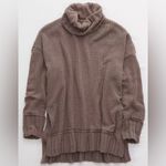 Aerie  Chenille Plush Sunset Soft Turtleneck Oversized Sweater In Olive Green Photo 6