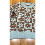 SO  Fuzzy Cropped Flower Print Sweater Aqua Brown M Photo 2