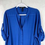 BCBGMAXAZRIA  Womens Tops Size XS Blue Crepe‎ Roll-Tab Sleeve Tunic Button Front Photo 2