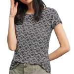 Anthropologie Top XS Womens Shirt Black White Stripe Floral Embroidered Photo 0