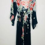Floreat Anthropologie full length open tie front kimono black with floral print. Pink Size M Photo 0