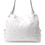 Michael Kors White Leather Silver Floral Bristol Raven Studded Shoulder Bag Hobo Photo 0
