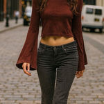 American Eagle Outfitters Burgundy Knit Sweater V-Neck Bell Sleeves Boho Small Photo 0