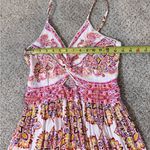 Angie  Boho Paisley Maxi Dress L Twist Front Cutout Tiered Lace Trim Photo 9