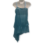 Rampage Y2K Asymmetrical Side Drape Sequin Flower Chiffon Semi Sheer Tunic Top Aqua Blue Green Turquoise Small Photo 3