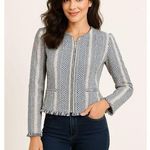 Adrienne Vittadini Small Woven Cotton Fringe Tweed Zip Jacket Blue White New Tag Photo 0