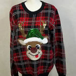 Urban Heritage Happy Holidays Women's XL Ugly Christmas Sweater Plaid Reindeer Photo 0