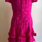 Vintage 80s Hot Pink Silk Studio Midi Dress Jacquard Short Sleeve Floral 8 Photo 4