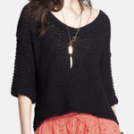 Free People Women’s Crochet Pull Over Short Sleeve Boho V Neck Black Sweater XS Photo 0