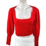 ZARA Women's Red Fuzzy Faux Fur Square Neck Long Puff Sleeve Crop Sweater Top S Photo 0