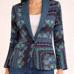 Chico's  Women's Blazer Jacket Size 0 Geometric Print Blue Green Single Button Photo 0