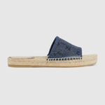 Gucci GG Blue Denim Rhinestone Glitter Slip On Espadrille Slide Sandals Photo 1