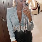 AREA Scalloped Embellished Cropped Denim Jacket in Pale Blue, Size 4, NWT Blue Photo 4