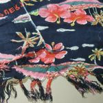 Shawl Wrap Scarf Vintage Puerto Rico Hibiscus Palm Tree Navy Blue Pink Fringe Photo 4