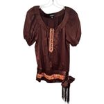 Bebe Silk Boho Embroidered Puff Sleeve Blouse Women's XS Brown Hippie Dainty Photo 1
