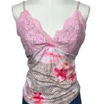 SheIn Pink Lace Trim Cami Top Leopard Floral Print Ruched Size L US 8/10 Photo 0