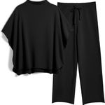 Amazon Women's Two Piece Outfits 3/4 Batwing Sleeve Capelet Crew Neck Pullover Top Wide Leg Pants Lounge Set Photo 0