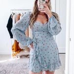 Reformation  Light Blue Floral Faux Wrap Long Sleeve Mini Dress  Photo 9