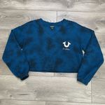 True Religion Foil Logo V Neck Crop Long Sleeve Sweatshirt Blue Poseidon Small Photo 1