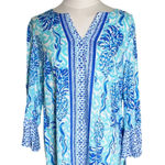 Lilly Pulitzer Pineapple Print Tunic Top S Bell Sleeve Blue‎ White Boho Resort Vacation Rayon Photo 0