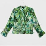 Vintage Green & Black Floral Bell Sleeve Collared Lace Blouse w/Ruffles Blue Size L Photo 1