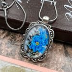 Blue Rose Floral Print Large Cabochon Stainless Steel Pendant Necklace 18 inches Silver Photo 0