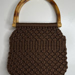 Vintage Brown Macrame Crochet Boho Handbag Purse Bamboo Handles Gingham Lining Photo 0
