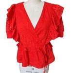 J.Crew  Ruffled Eyelet Lace Wrap Shirt in Bright Red Size XL X-Large Photo 0