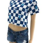 Disney XS White Blue Checkered Lilo & Stitch Short Sleeve Crew Neck Crop Tee Photo 0