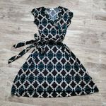 Olivia Matthews Womens Blue Geometric Sleeveless V-Neck Tie Dress Size Small Photo 0