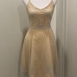 Beige Cream & Silver Glittery Art Deco Patterned Overlay Sleeveless Dress Photo 1