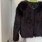 H&M Faux Fur Burgundy + Navy Toned Faux Leather Trim Coat Photo 9