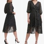 DKNY Balloon Sleeve Faux Wrap Metallic Gold Polkadot Belted Midi Dress Sz 6 Photo 1