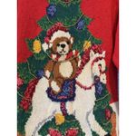 Vtg Casual Corner‎ Red Hand Knit Christmas Sweater Rocking Horse Bear Medium Photo 5