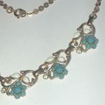 Vintage Gold Tone White Enamel & Turquoise Color Flower Choker Necklace Photo 2