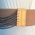 Vintage Y2K Yik Fung Tan Leather Draped Metal Chain Elastic Statement Belt Photo 1