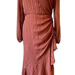 ASTR Rust Satin Wrap Dress Long Sleeve Ruched Side Ruffle Cocktail • M *Flaw comment. Photo 4