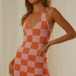 Peppermayo The Groove Knit Halter Dress - Pink and Orange Checkers Photo 0
